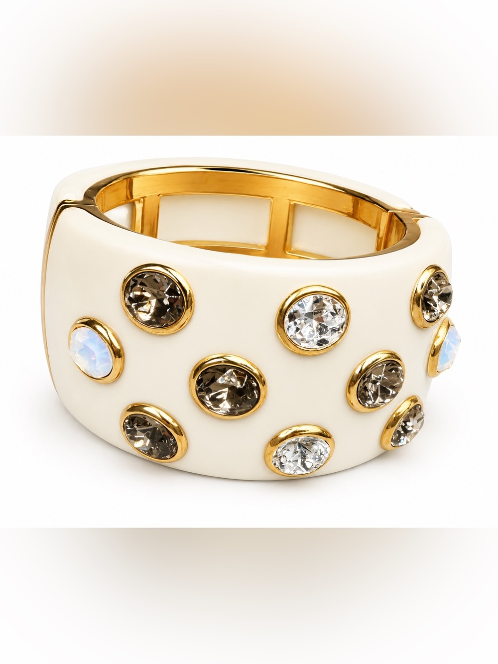Neiman Marcus White Enamel Gold Tone Hinged Cuff Bracelet Crystal‎ Accent